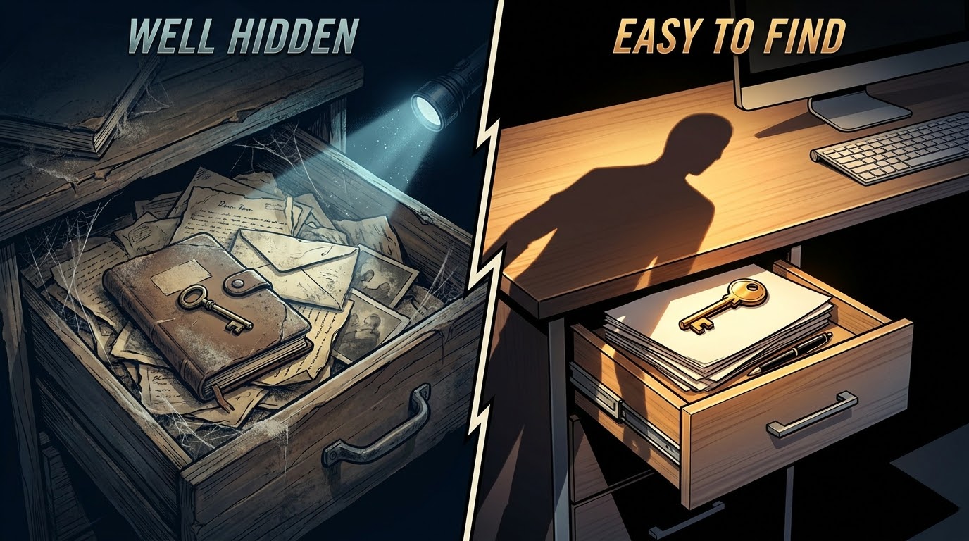 Two panels contrasting the failure modes of a single key: on the left, labelled well hidden, a key buried among old letters in a dusty drawer that only a searching flashlight beam finds; on the right, labelled easy to find, a key lying in plain sight in a desk drawer as an intruder's shadow falls across it