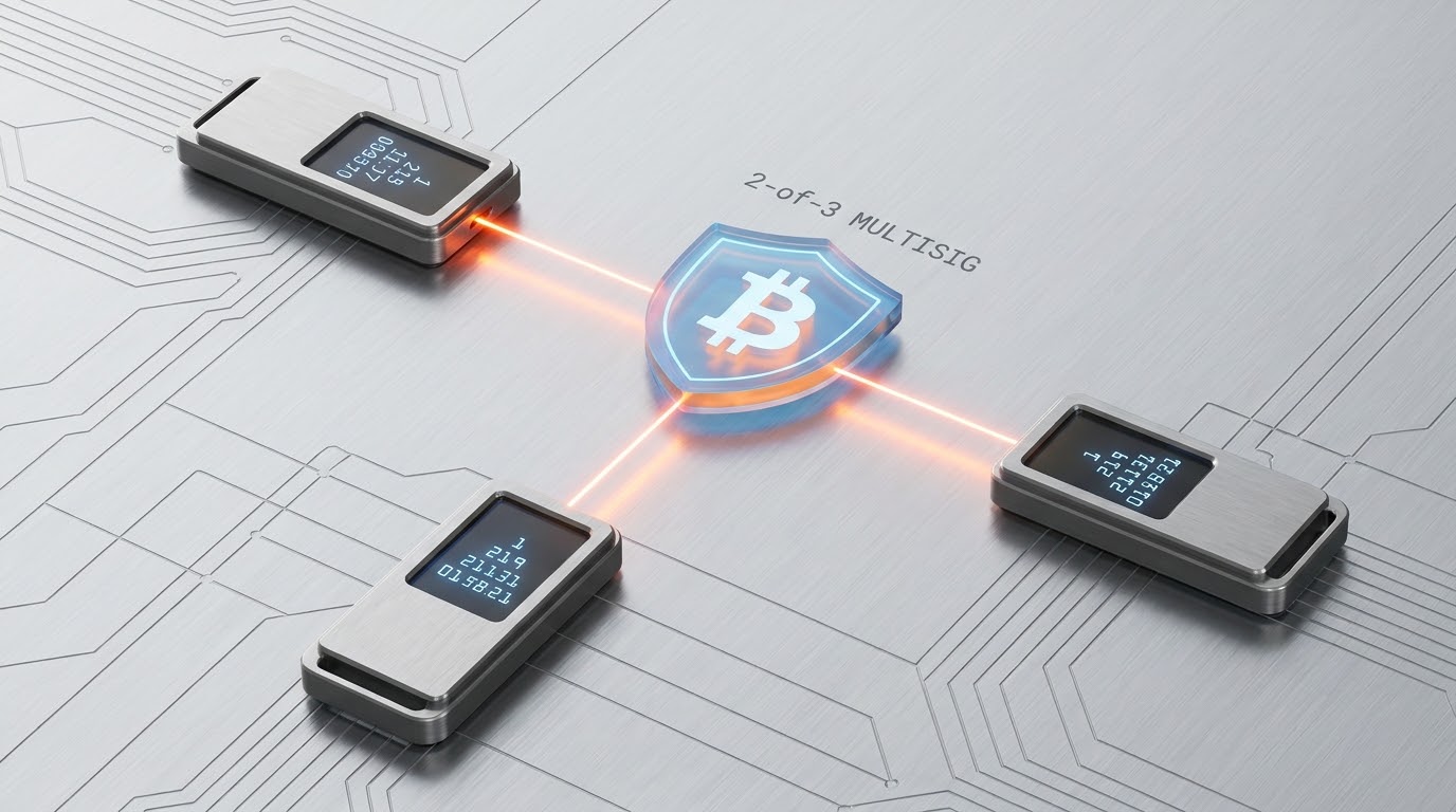 Three hardware wallet devices arranged around a central Bitcoin shield and linked to it, labelled 2-of-3 multisig: any two of the three devices together can authorise a transaction, and no single one can