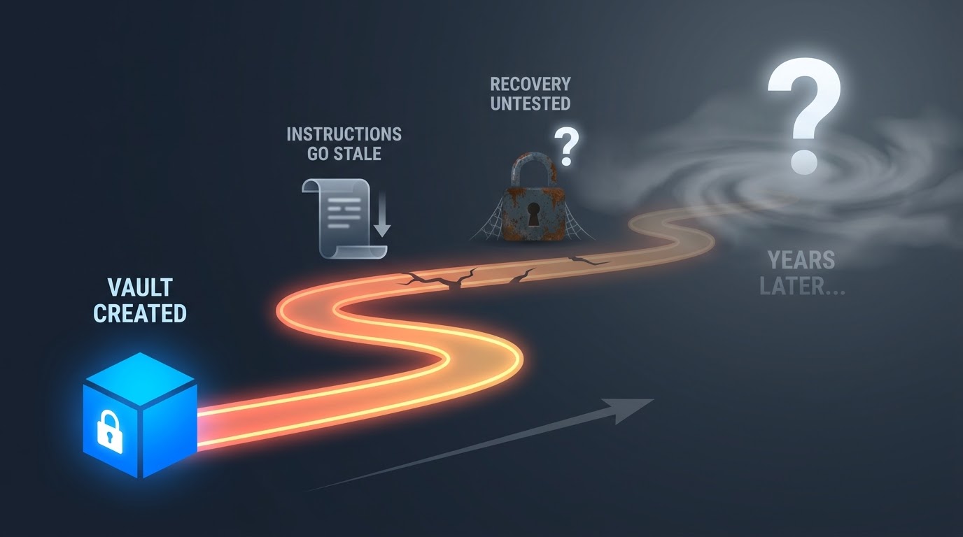 A glowing path leading away from a newly created vault, cracking and dimming as recovery instructions go stale and recovery is never tested, until it disappears into fog years later
